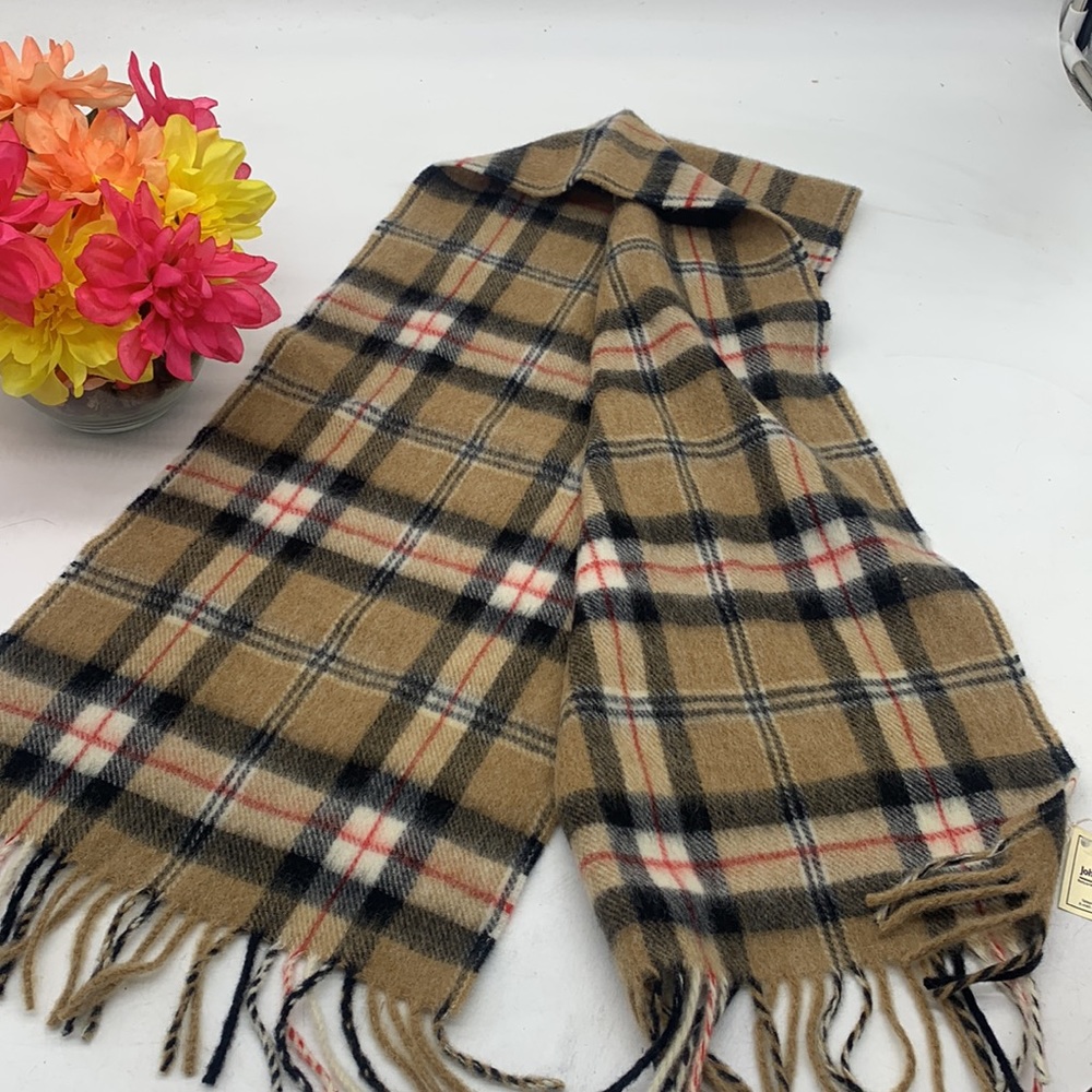 John Hanley & Co NWT Woolen Mills Lambswool Scarf NWT Tan Black Red - Picture 6 of 8